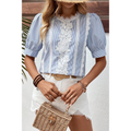 Cassidy- Sky Blue Stripe Floral Lace Splicing Puff Sleeve Blouse