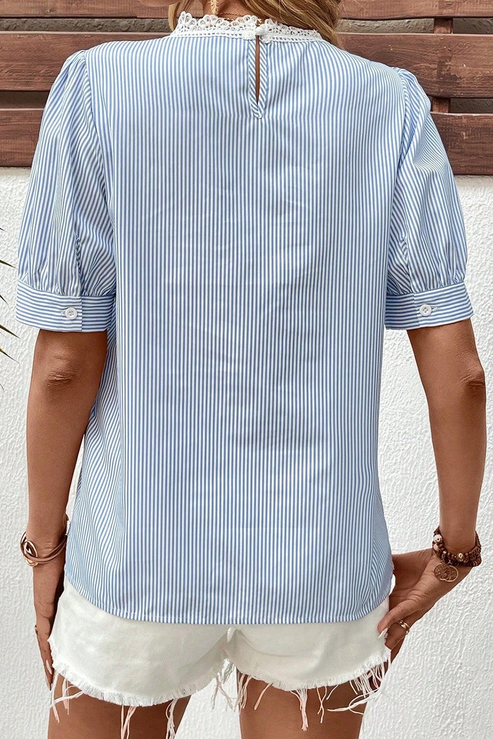 Cassidy- Sky Blue Stripe Floral Lace Splicing Puff Sleeve Blouse